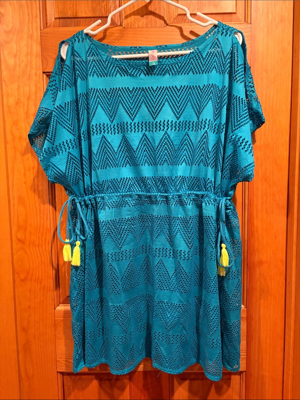 Women’s Teal Crochet Beach Cover-Up with Neon Tassel Drawstring
